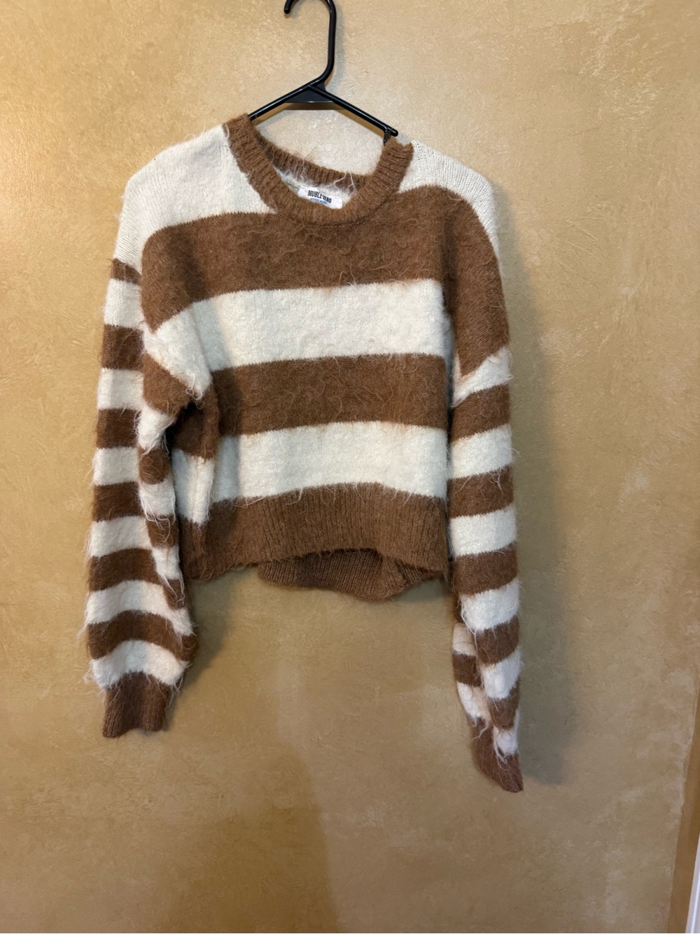 Striped Fuzzy Crewneck Sweater in Brown and Cream